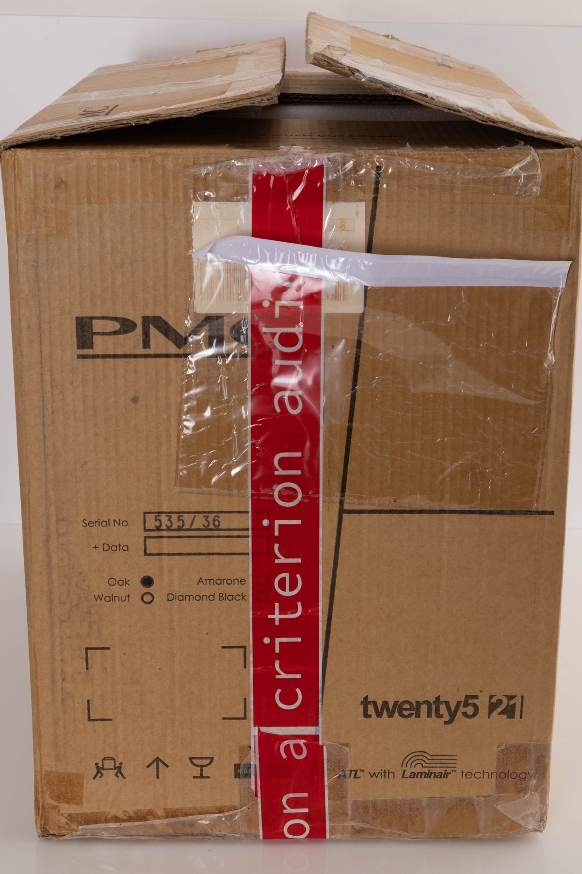 Box of a used pair of PMC Twenty5 21 Standmount Speakers in Oak