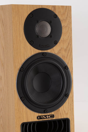 Close up view of a used PMC Twenty5 21i Standmount Speakers in Oak finish
