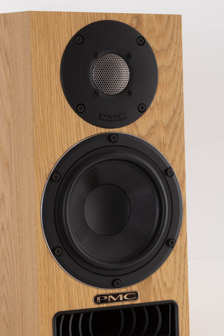 Close up view of a used PMC Twenty5 21i Standmount Speakers in Oak finish