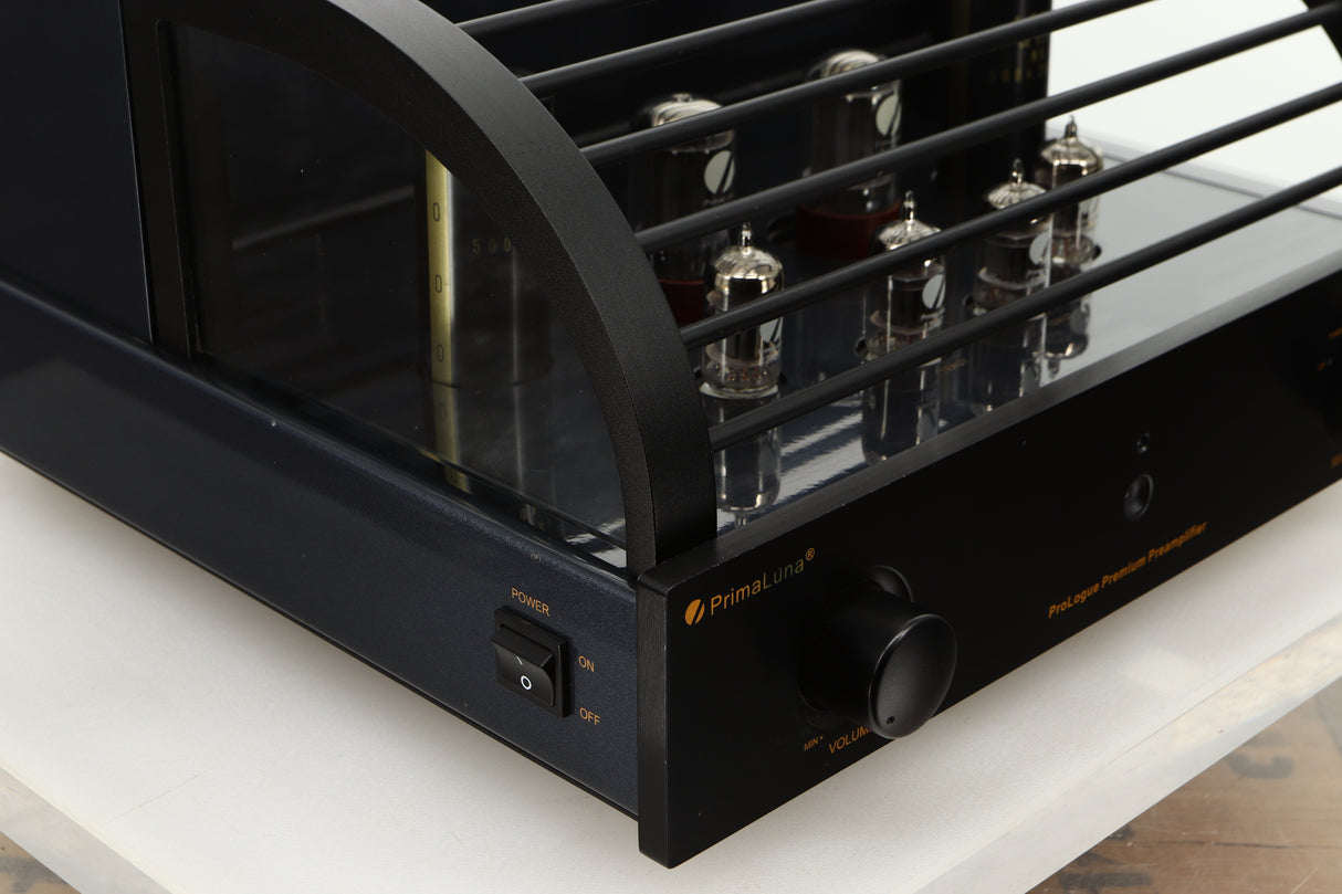 Front left corner view of a used PrimaLuna Prologue Premium Pre Amplifier in Black finish