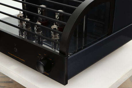 Front right corner view of a used PrimaLuna Prologue Premium Pre Amplifier in Black finish
