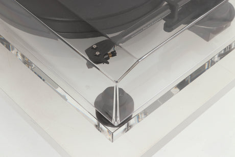 Front right corner view of a used Pro-Ject 2 Xperience DC Acryl Turntable with Ortofon 2M Black Cartridge