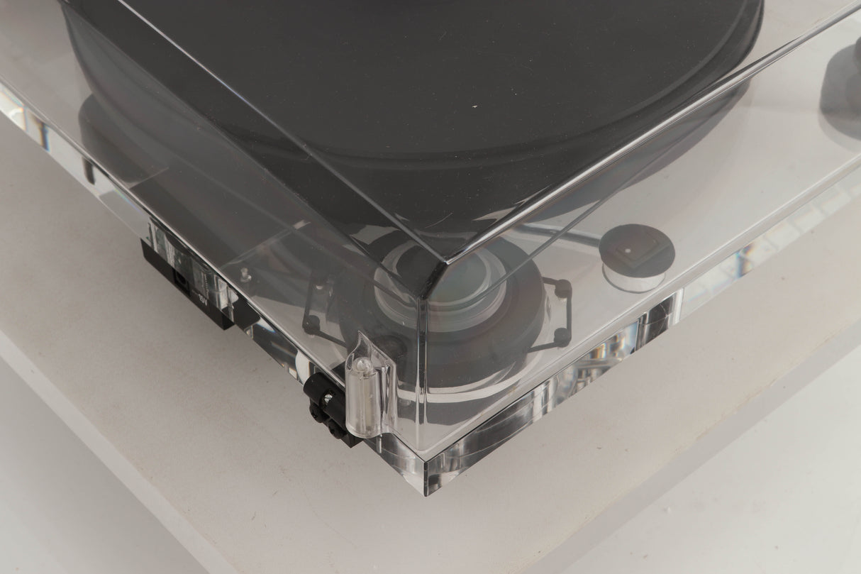 Rear right corner view of a used Pro-Ject 2 Xperience DC Acryl Turntable with Ortofon 2M Black Cartridge