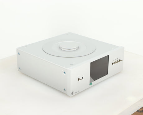 Front left corner of a used Pro-Ject CD Box RS CD Transport in a silver finish