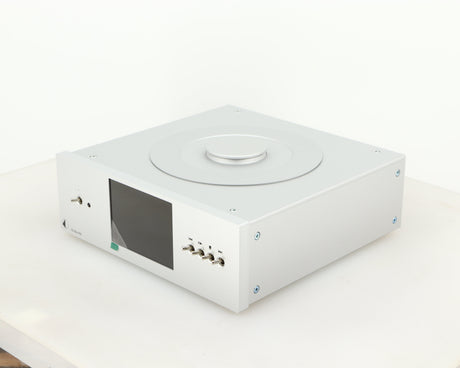 Front right corner of a used Pro-Ject CD Box RS CD Transport in a silver finish