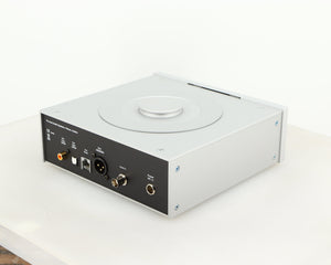 Rear left corner of a used Pro-Ject CD Box RS CD Transport in a silver finish