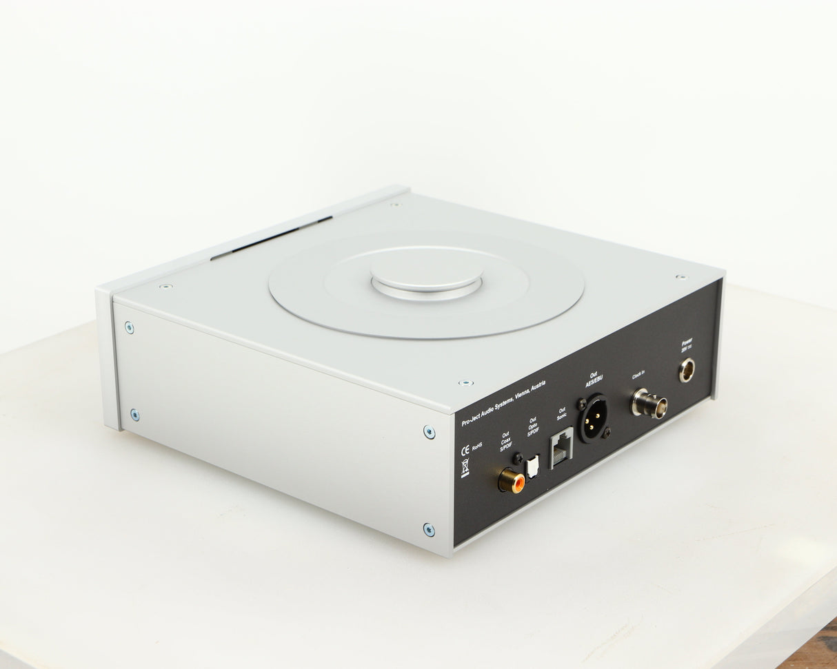 Rear right corner of a used Pro-Ject CD Box RS CD Transport in a silver finish