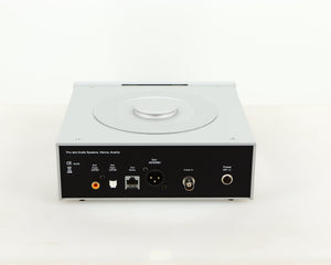 Rear view of a used Pro-Ject CD Box RS CD Transport in a silver finish showing Optical Output, Power Input and Phono Output