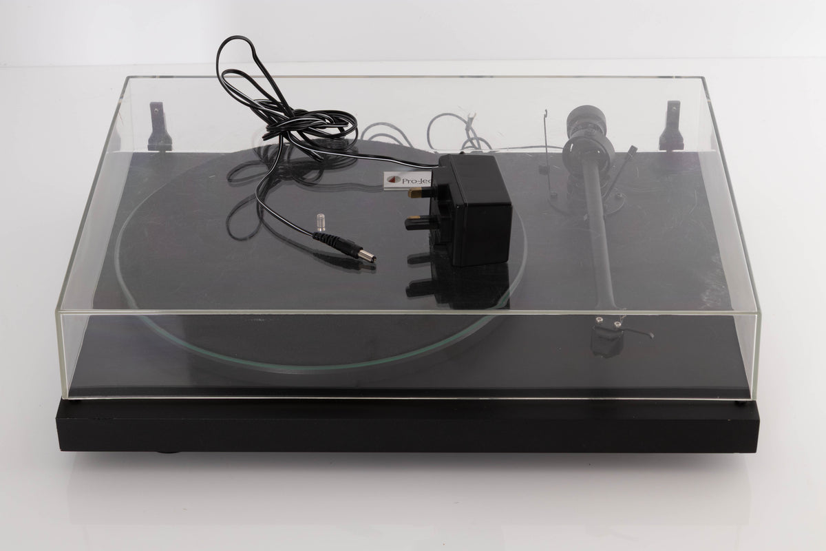 Top of a used Pro-ject P2 Turntable / Goldring 2 Cartridge in a Black finish showing PSU