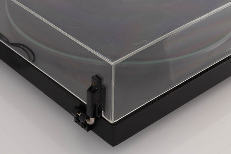 Rear left corner of a used Pro-ject P2 Turntable / Goldring 2 Cartridge in a Black finish