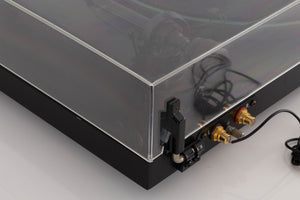 Rear right corner of a used Pro-ject P2 Turntable / Goldring 2 Cartridge in a Black finish