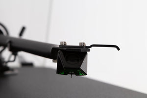 Close up of a used Pro-ject P2 Turntable / Goldring 2 Cartridge in a Black finish showing stylus