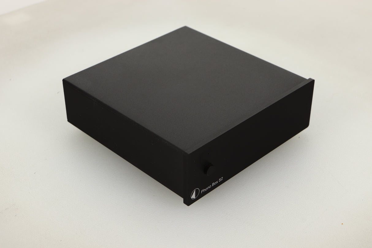 Front left corner view of a used Pro-Ject Phonobox S2 Phonostage in Black finish
