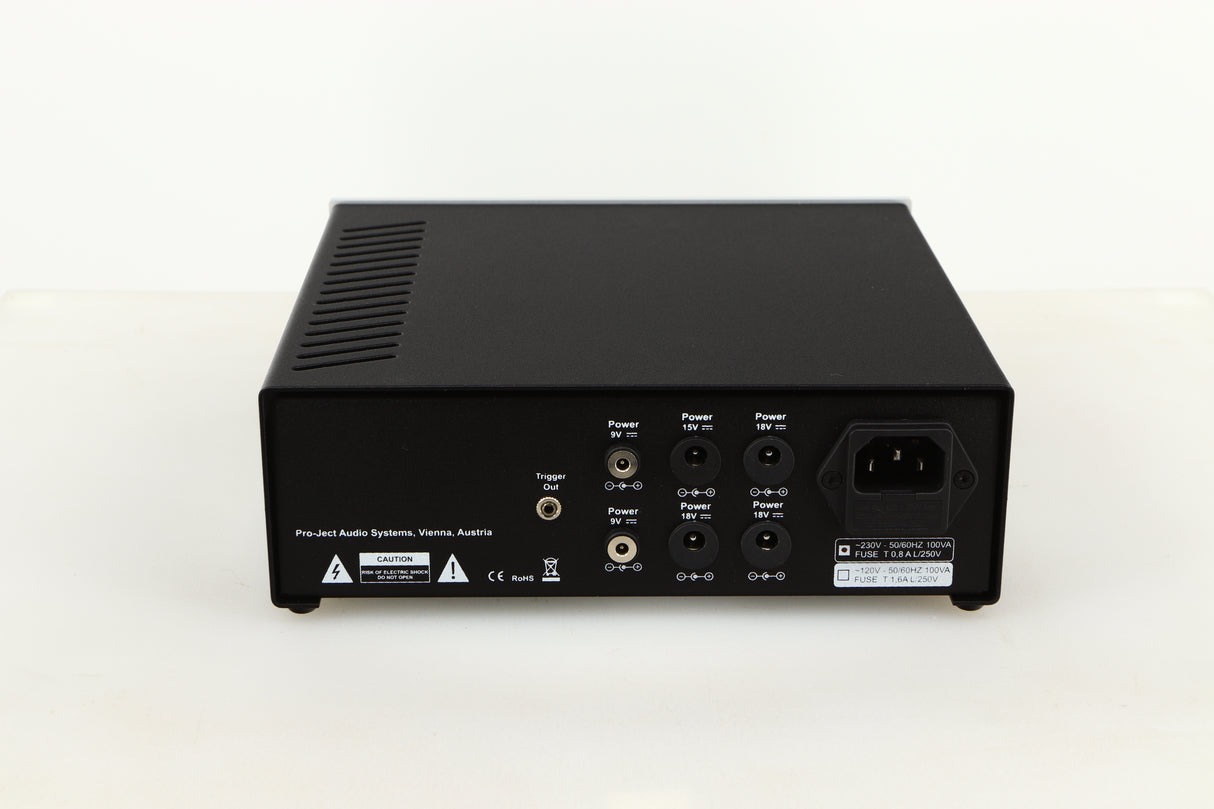 Rear view of a used Pro-Ject Power Box DS Sources Power Supply in Silver finish