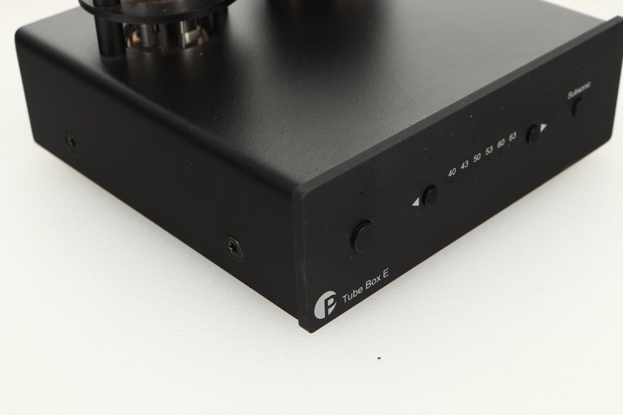 Front left corner view of a used Pro-Ject Tube Box E Phonostage in Black finish