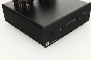 Front left corner view of a used Pro-Ject Tube Box E Phonostage in Black finish