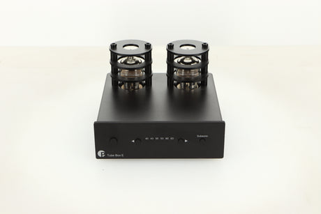 Front view of a used Pro-Ject Tube Box E Phonostage in Black finish