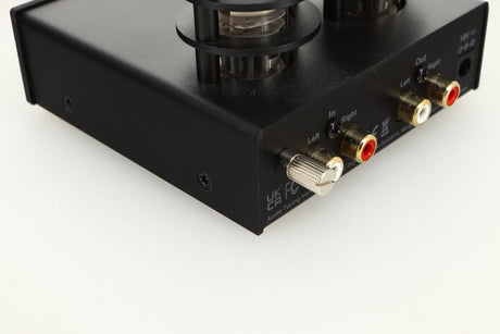 Rear left corner view of a used Pro-Ject Tube Box E Phonostage in Black finish