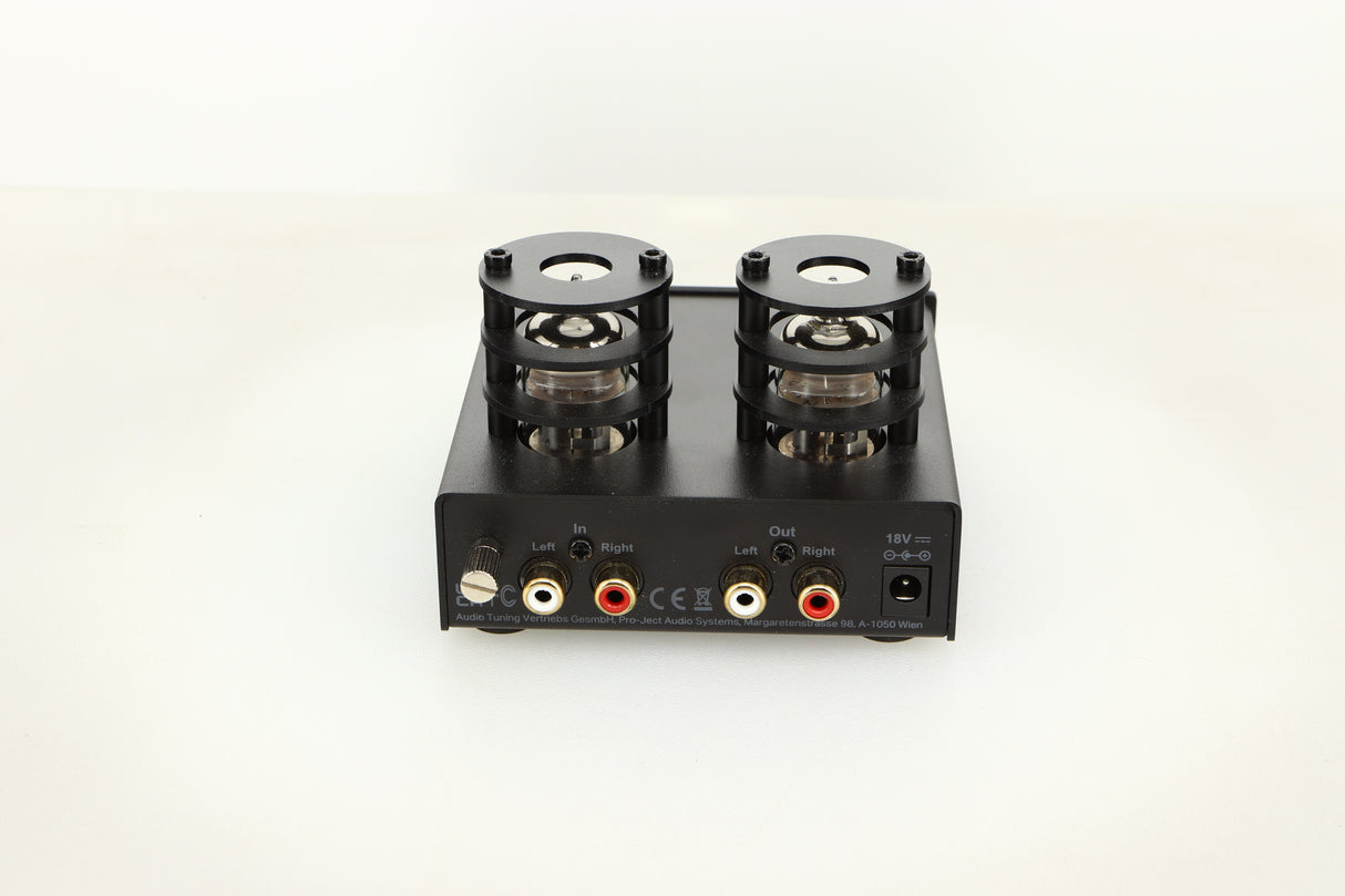 Rear view of a used Pro-Ject Tube Box E Phonostage in Black finish