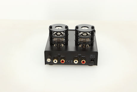 Rear view of a used Pro-Ject Tube Box E Phonostage in Black finish