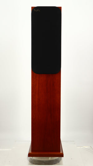 Front view of a used Proac Response D18 Floorstanding Speaker in a mahogany finish showing Grille