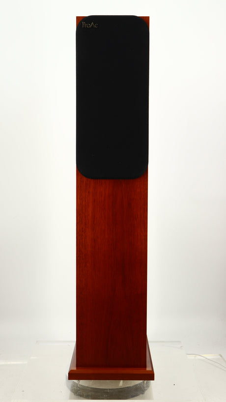 Front view of a used Proac Response D18 Floorstanding Speaker in a mahogany finish showing Grille
