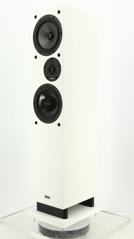 Front right corner of a used Proac Response DT8 Floorstanding Speaker in a white finish