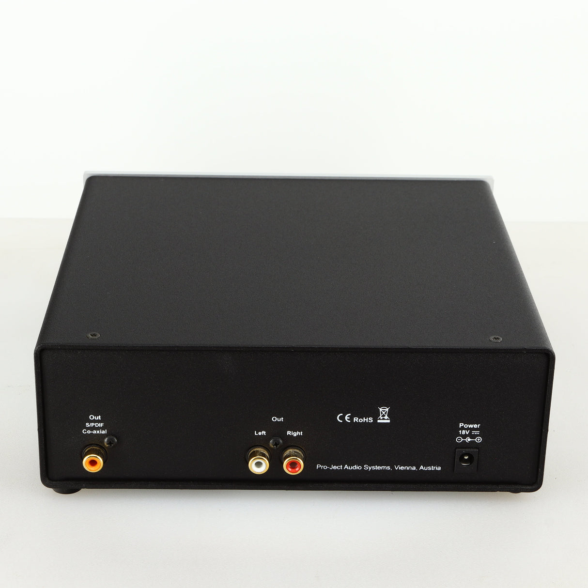 Rear view of a used Project CD Box DS in a silver finish showing Phono Outputs and Power Input