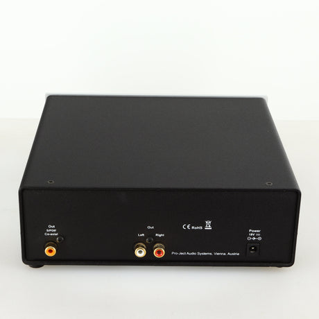 Rear view of a used Project CD Box DS in a silver finish showing Phono Outputs and Power Input