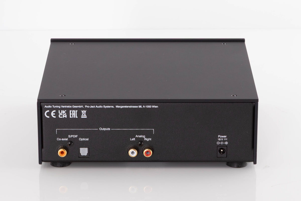 Rear view of a used Project CD Box DS3 CD Player in a Black finish showing Power Input, Analogue Outputs and Optical Output