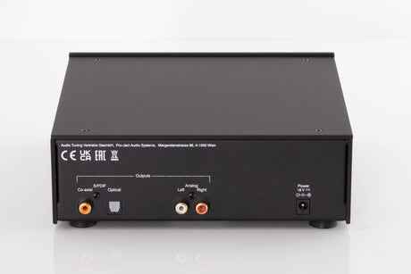 Rear view of a used Project CD Box DS3 CD Player in a Black finish showing Power Input, Analogue Outputs and Optical Output