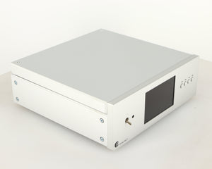 Front left corner of a used Project CD Box RS2 T CD Transport in a silver finish