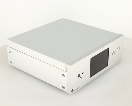 Front left corner of a used Project CD Box RS2 T CD Transport in a silver finish