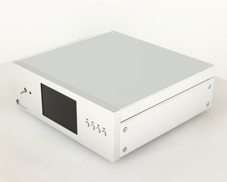 Front right corner of a used Project CD Box RS2 T CD Transport in a silver finish