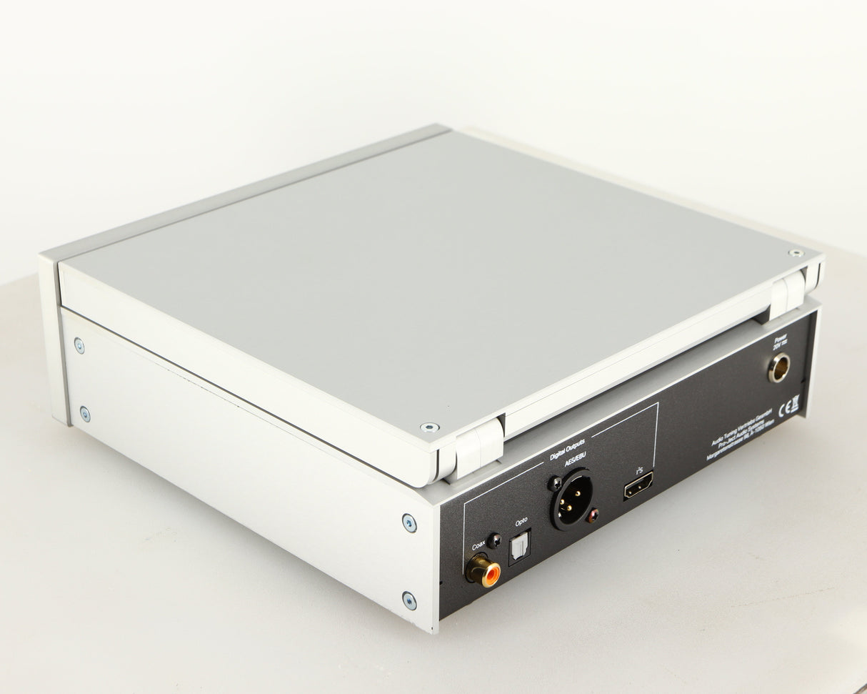 Rear right corner of a used Project CD Box RS2 T CD Transport in a silver finish