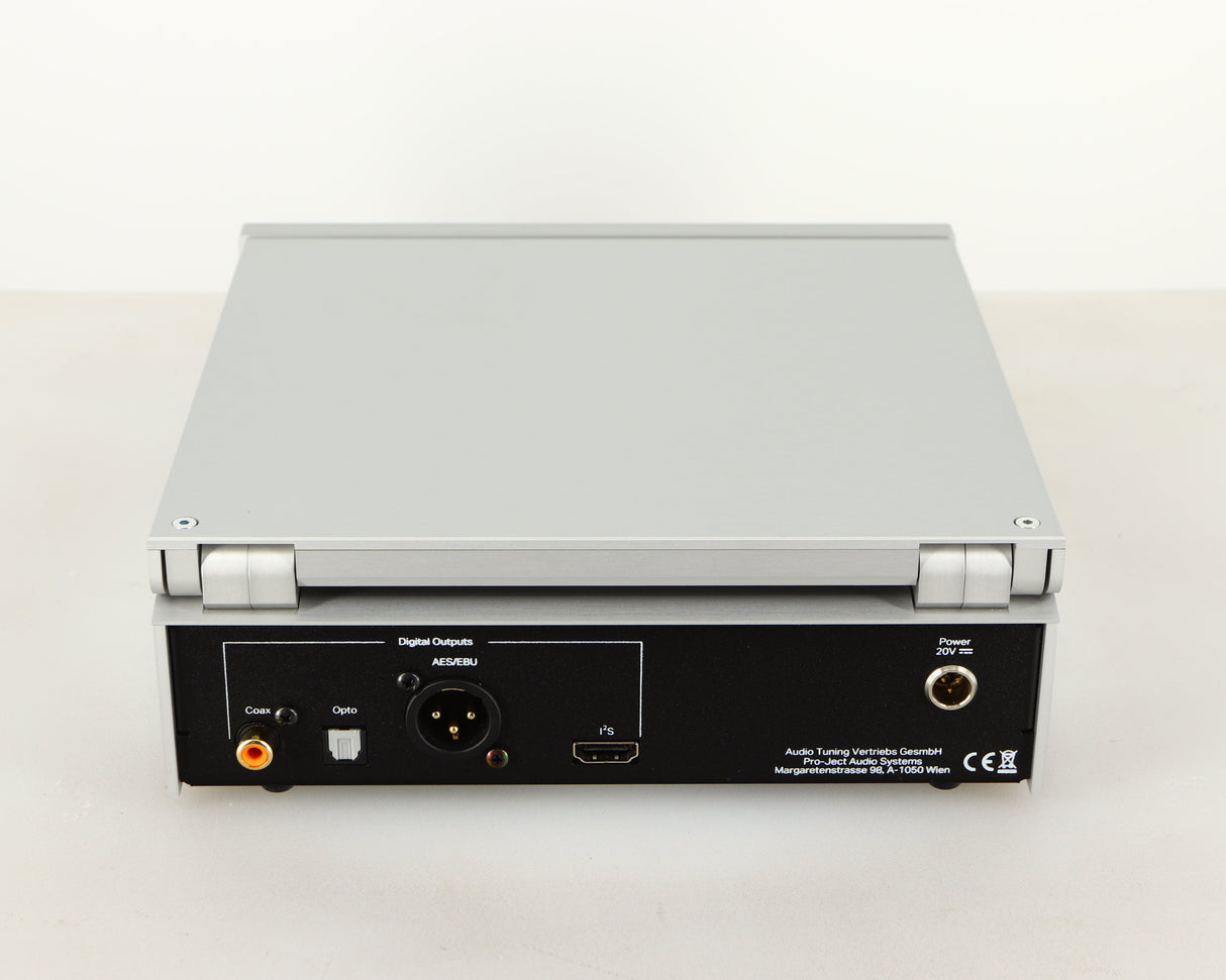 Rear view of a used Project CD Box RS2 T CD Transport in a silver finish showing USB Outputs, Optical Output and XLR Output
