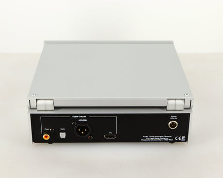 Rear view of a used Project CD Box RS2 T CD Transport in a silver finish showing USB Outputs, Optical Output and XLR Output