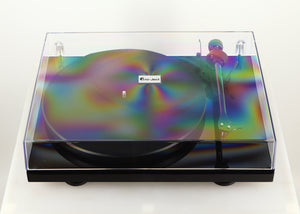 Front view of a used Project Debut Carbon Evo DC Turntable in a black finish showing lid