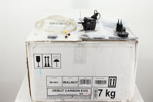 Box for a used Project Debut Carbon Evo Turntable / Ortofon 2M Bronze Cartridge showing Power Supply, Interconnect Cable, Manual, Spare Belt and Schuko Plugs