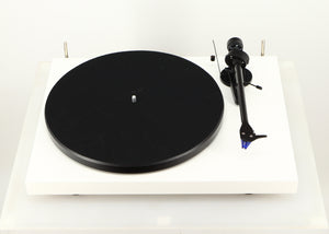 Front view of a used Project Debut Carbon Turntable / Ortofon 2M Blue Cartridge in a white finish