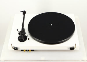 Rear view of a used Project Debut Carbon Turntable / Ortofon 2M Blue Cartridge in a white finish