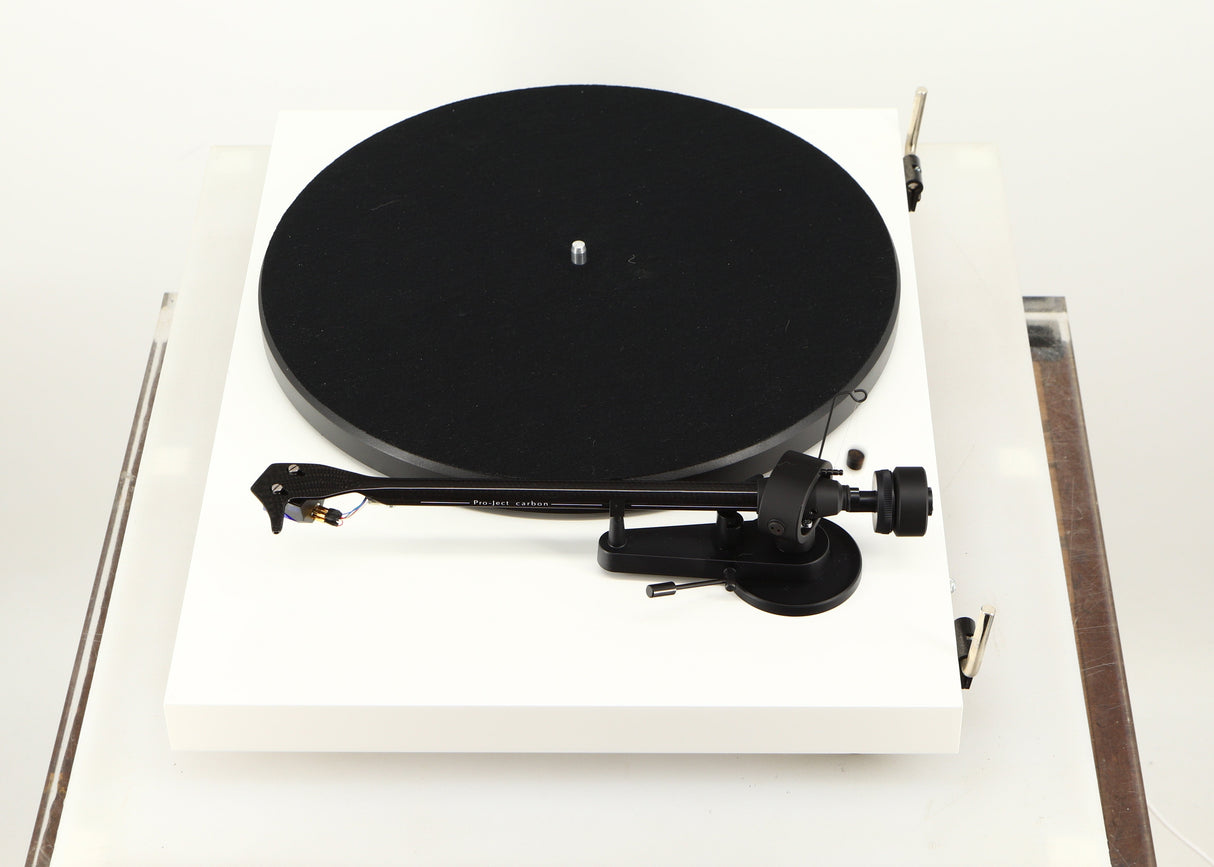 Right side view of a used Project Debut Carbon Turntable / Ortofon 2M Blue Cartridge in a white finish