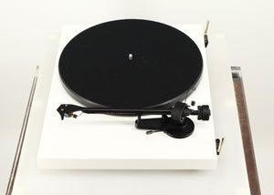 Right side view of a used Project Debut Carbon Turntable / Ortofon 2M Blue Cartridge in a white finish