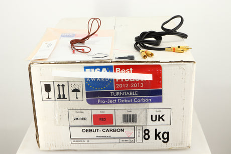 Box for a used Project Debut Carbon Turntable in a red finish showing
