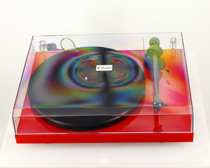 Front view of a used Project Debut Carbon Turntable in a red finish showing Lid