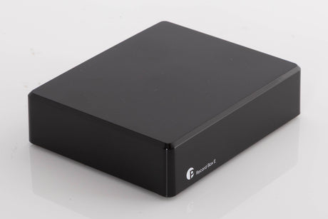 Front left corner of a used Project Record Box E Phonostage in a Black finish