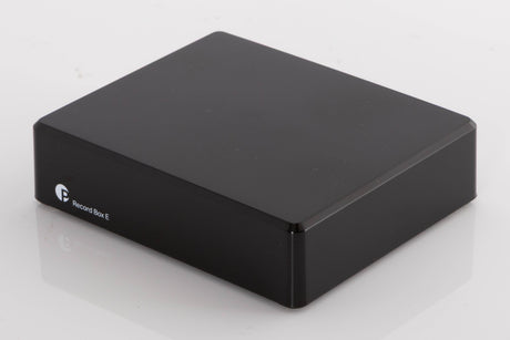 Front right corner of a used Project Record Box E Phonostage in a Black finish