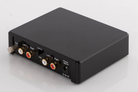 Rear left corner of a used Project Record Box E Phonostage in a Black finish