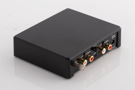 Rear right corner of a used Project Record Box E Phonostage in a Black finish