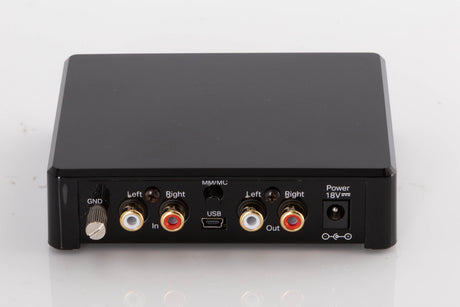 Rear view of a used Project Record Box E Phonostage in a Black finish showing Phono Inputs, Phono Outputs and Power Input